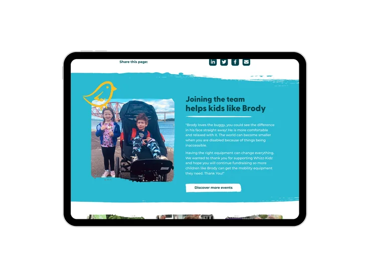 A tablet showing the Whizz Kidz "Joining the team helps kids like Brody" section, with a photo of two children and a supporter quote.