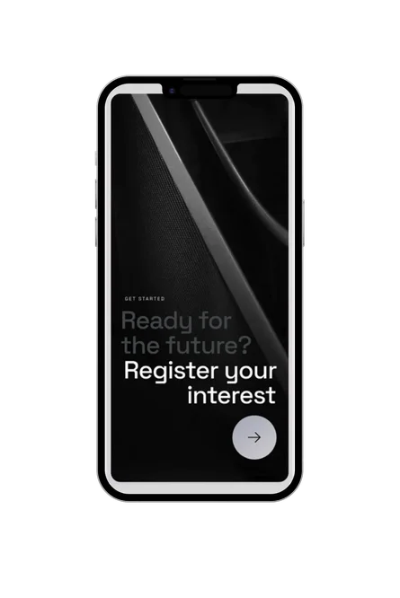 Petalite website mobile screen showing a dark 'Register your interest' call to action with 'Ready for the future?' above it, set against a close-up automotive-style background image.