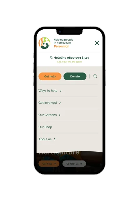 A phone showing the Perennial mobile navigation menu, with helpline number, Get help and Donate buttons, and site section links.