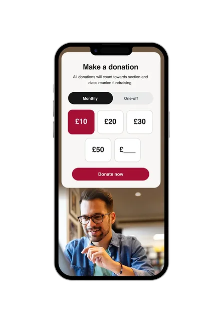 A phone showing the British Friends of HBS "Make a donation" page, with monthly donation amount options and a Donate now button.