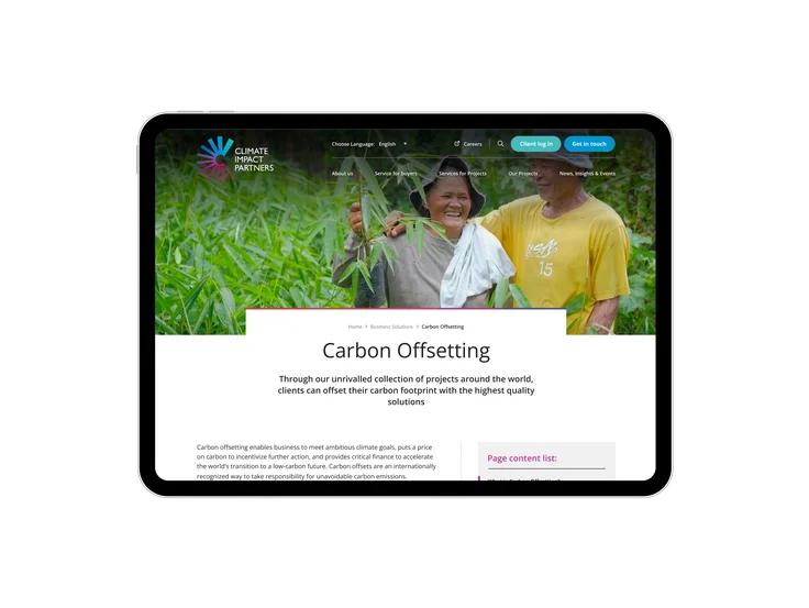 A tablet showing the Climate Impact Partners "Carbon Offsetting" page, with hero image, page navigation, and a page content list.