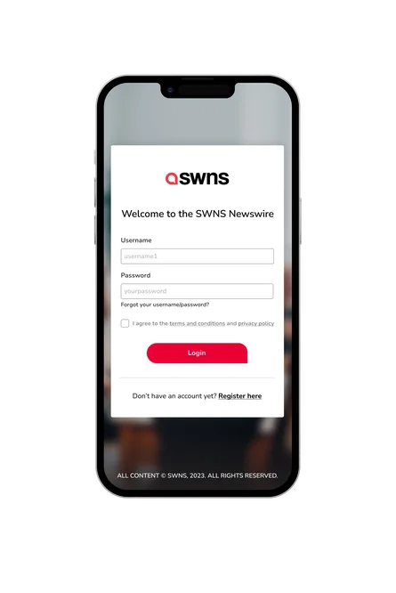 A phone showing the SWNS login screen, with username and password fields and a Login button.