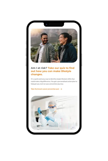 A mobile phone displaying the Breast Cancer UK quiz page with lifestyle advice and images of a couple walking and a lab technician working.