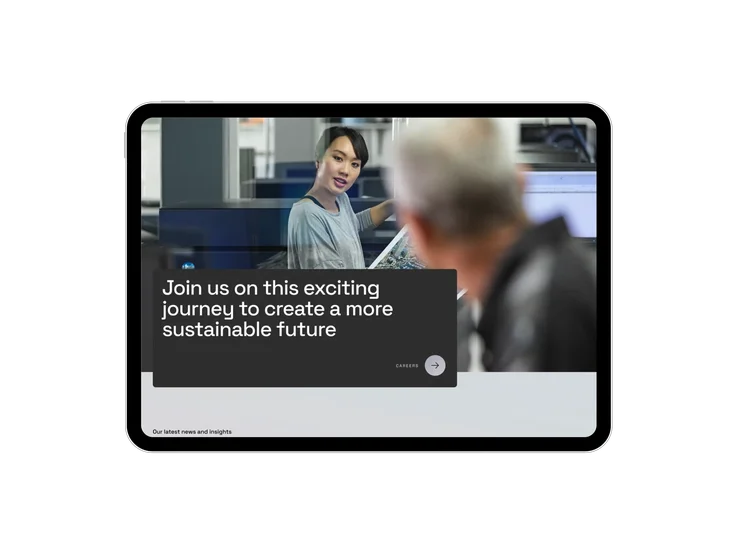 Petalite website homepage on a laptop screen, showing a careers callout with the text 'Join us on this exciting journey to create a more sustainable future' over an image of colleagues in an engineering workspace.