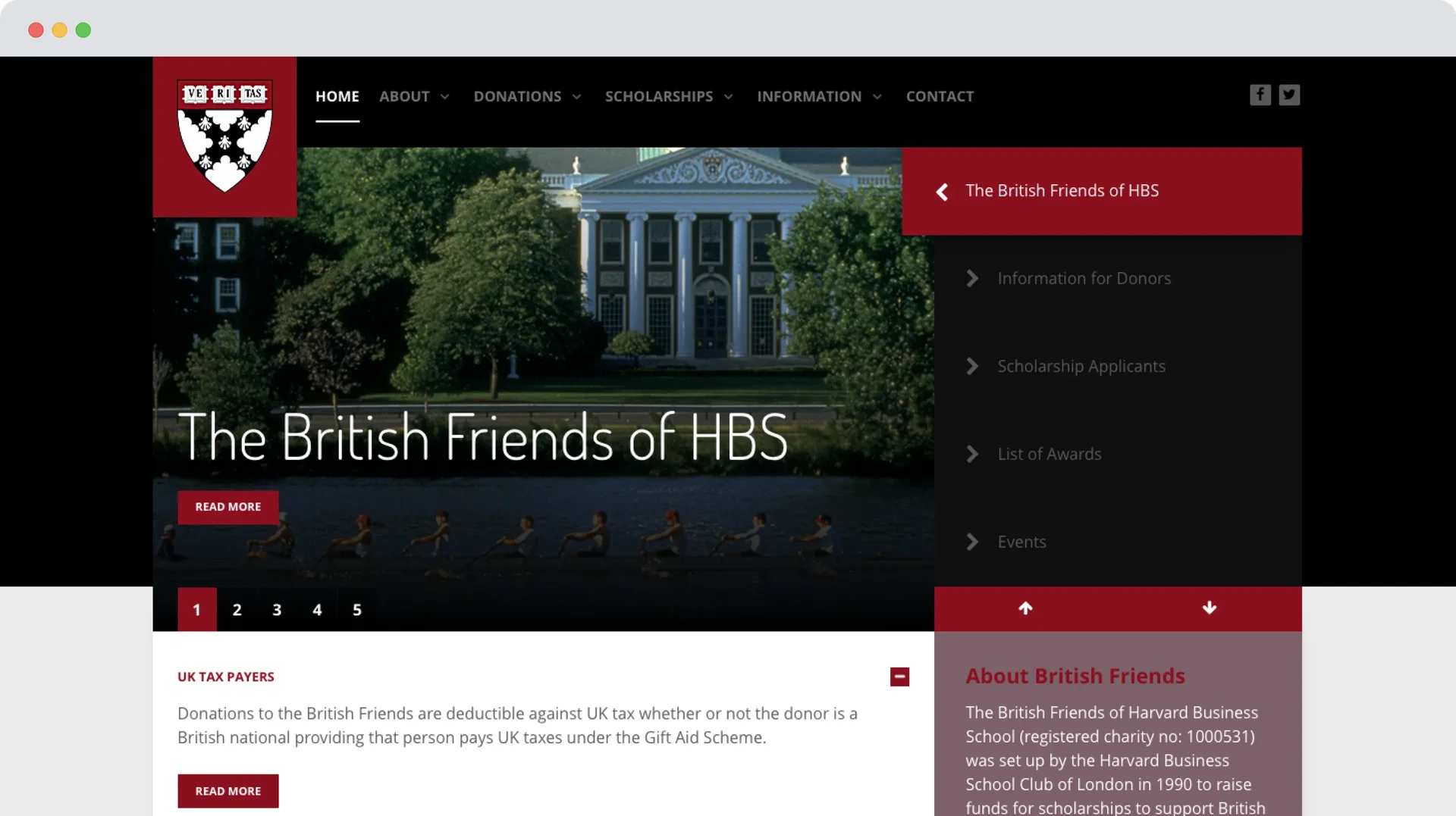 A browser window showing the old British Friends of HBS homepage, with dated navigation, a sidebar menu, and an accordion FAQ section on donations.