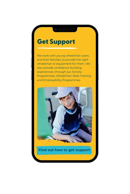 A phone showing the Whizz Kidz "Get Support" section, with an image of a young girl in a wheelchair and a Find out how to get support button.