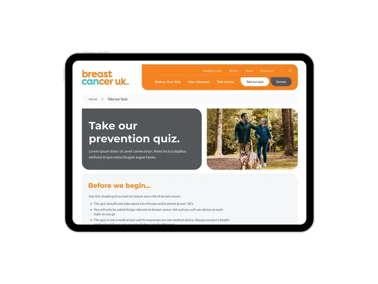 An iPad displaying the Breast Cancer UK prevention quiz page with introductory text and images of a couple walking outdoors.
