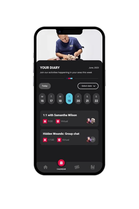 A phone showing the Help for Heroes My Recovery app diary screen in dark mode, with a weekly date picker and listed sessions including a 1:1 with Samantha Wilson and a Hidden Wounds group chat.