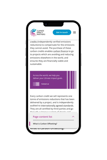 A phone showing the Climate Impact Partners "Carbon Offsetting" page, with body copy on carbon credits, a "Get in touch" banner, and a page content list.