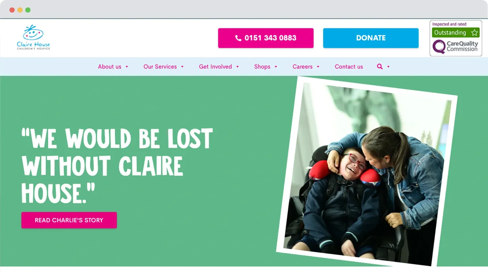 An image showing Claire House Children Hospice's old website design.