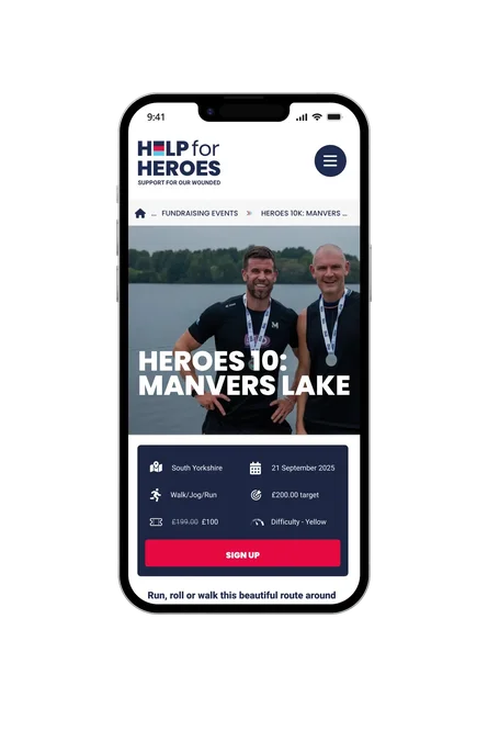 A phone showing the Help for Heroes mobile event page for "Heroes 10: Manvers Lake", with location, date, pricing and a Sign Up button.