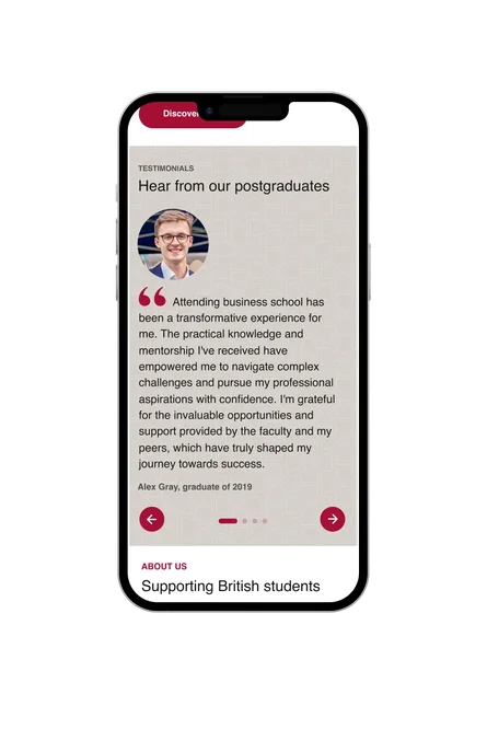A phone showing the British Friends of HBS "Hear from our postgraduates" testimonials section, with a quote from Alex Gray, graduate of 2019, and his photo.