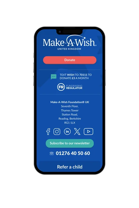 A phone showing the Make-A-Wish UK footer, with donate and text-to-donate options, contact details, and social media links.