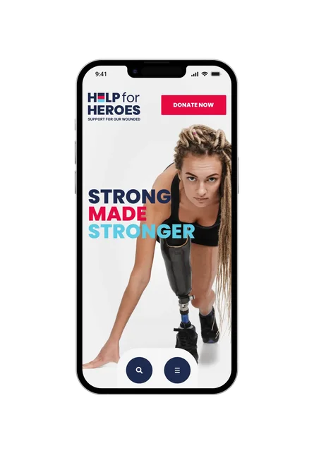 A phone showing the Help for Heroes mobile homepage hero, with "Strong Made Stronger" headline, a runner using a prosthetic leg, and a Donate Now button.