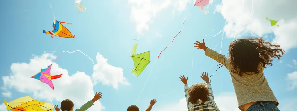 Group of children flying colorful kites on a sunny day, reaching up toward the sky with excitement under bright blue skies and scattered clouds.