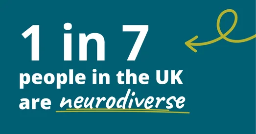Statistic graphic stating "1 in 7 people in the UK are neurodiverse", with "neurodiverse" underlined.