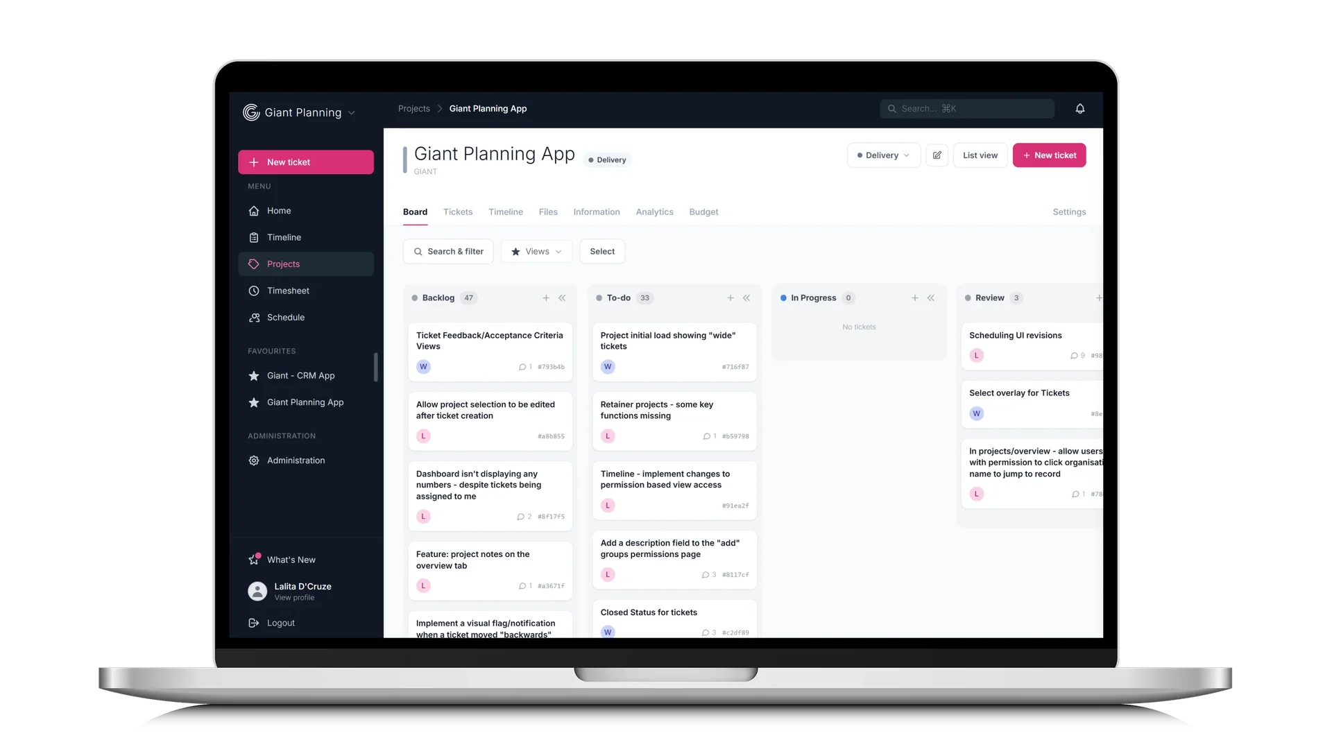 Screenshot of the Giant Planning kanban board, showing tickets organised into In Progress, Review, Approved, and Done columns, displayed on a laptop screen.