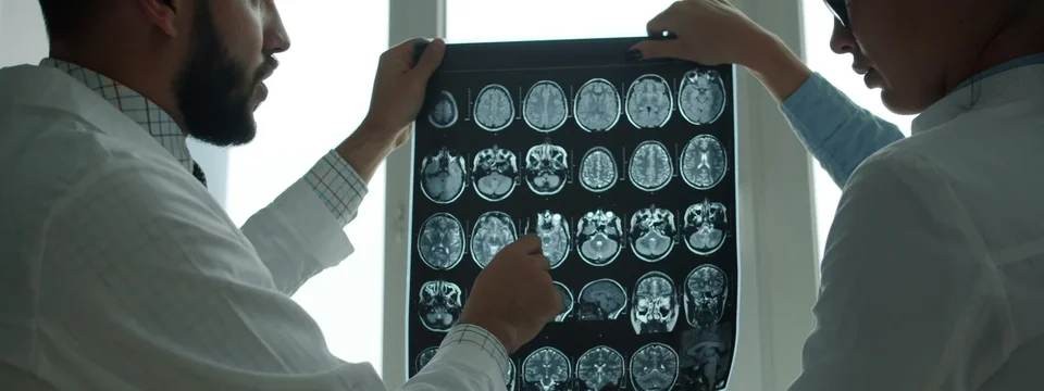 Two clinicians in white coats examining a sheet of brain MRI scans held up against a window.