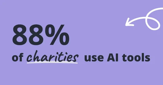 Statistic graphic stating "88% of charities use AI tools", with "charities" underlined.