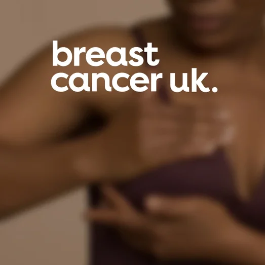 Breast Cancer UK logo over a photo of a person doing a breast self-check.