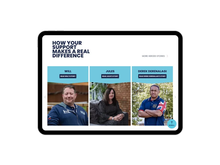 A tablet showing the Help for Heroes "How your support makes a real difference" carousel, featuring the stories of Will, Jules and Derek Derenalagi.