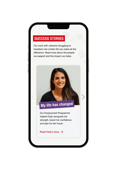 A phone showing the Walking With The Wounded "Success Stories" section, with Carly's story "My life has changed" and her photo.
