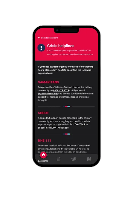 A phone showing the Help for Heroes My Recovery app crisis helplines page, with contact details for Samaritans, Shout and NHS 111.