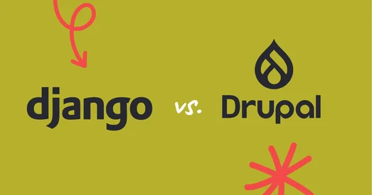 Illustration comparing Django and Drupal, with each platform's logo linked by an arrow.