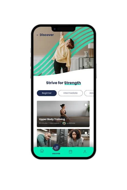 A phone showing the Heroes Strive "Strive for Strength" discover page, with difficulty level tabs and Upper Body Training and Battle Ropes workout cards.