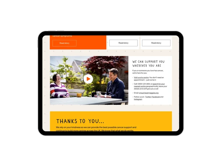 A tablet showing the Maggie's "We can support you wherever you are" section, with a video of two people talking and a "Thanks to you" donor message below.