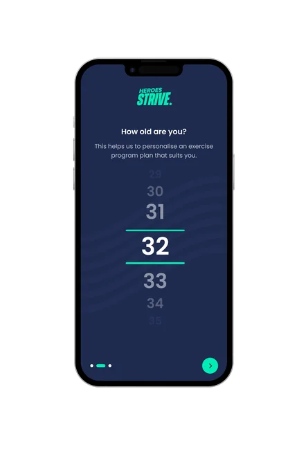 A phone showing the Heroes Strive onboarding screen "How old are you?", with an age wheel picker set to 32.