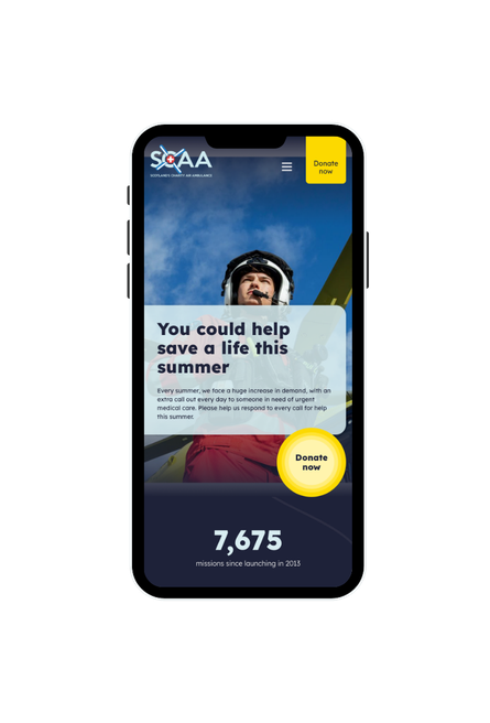 A phone screen showing the donation landing page for Scotlands Charity Air Ambulance, with the heading 'You could help save a life this summer' across an photo of a paramedic, and a bright yellow 'Donate now' button.