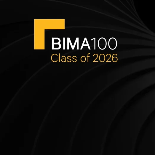 BIMA100 Class of 2026 logo on a dark abstract background.