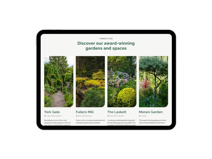 A tablet showing the Perennial "Discover our award-winning gardens and spaces" section, with photos of York Gate, Fullers Mill, The Laskett and Mona's Garden.
