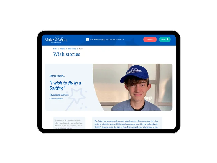 A tablet showing the Make-A-Wish UK "Wish stories" page, with Marco's story "I wish to fly in a Spitfire" and his photo.