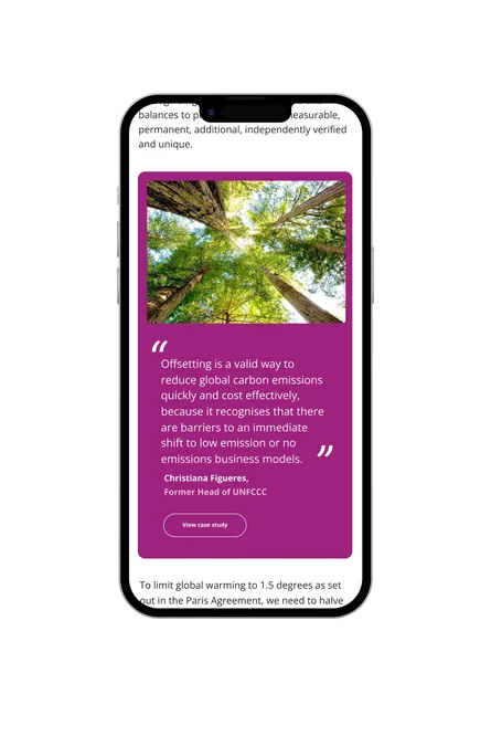 A phone showing the Climate Impact Partners "Carbon Offsetting" page, with an upward forest canopy photo and a quote from Christiana Figueres, former head of UNFCCC.